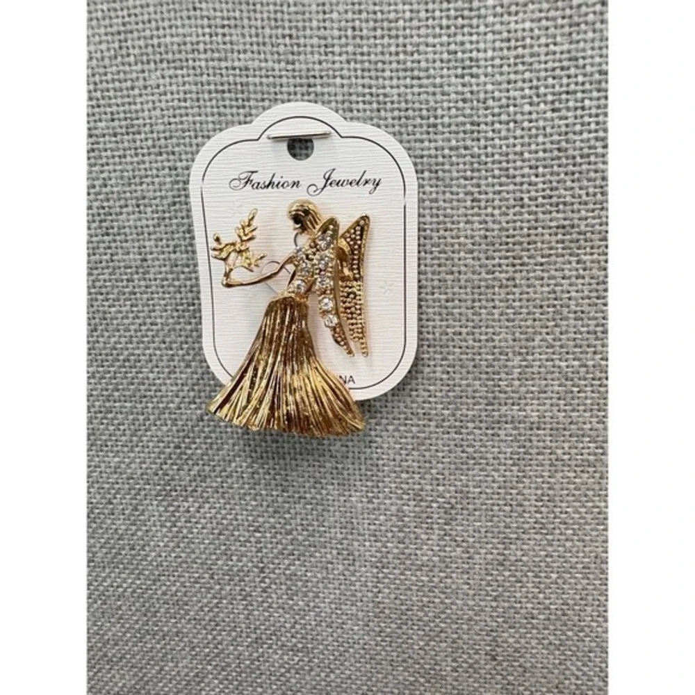Virgo‎ Angel Brooch Gold Tone Crystal Pin – Zodiac Guardian Gift 3.8×5.3cm